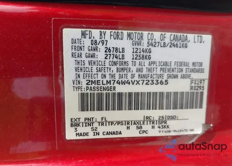 1997 Mercury Grand Marquis Gs из США, поврежденный, VIN 2MELM74W4VX723365